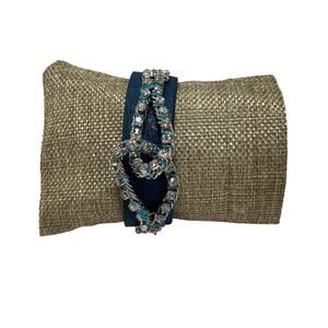 Blue Leather Wrap Bracelet Womens Rhinestone Crystal Statement Snap Cuff
